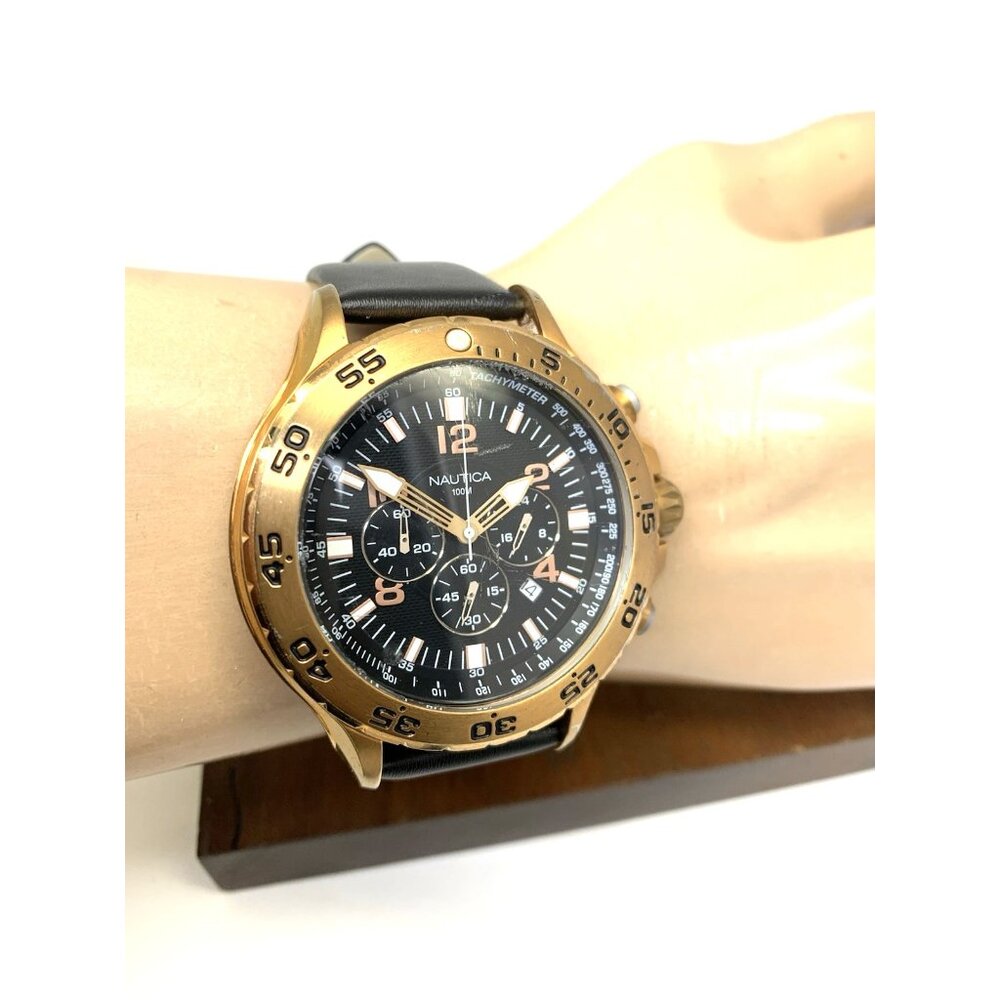 Nautica Men's Watch N18523 Quartz Black Dial Rose Gold Tone Leather Band 48mm - Picture 11 of 14